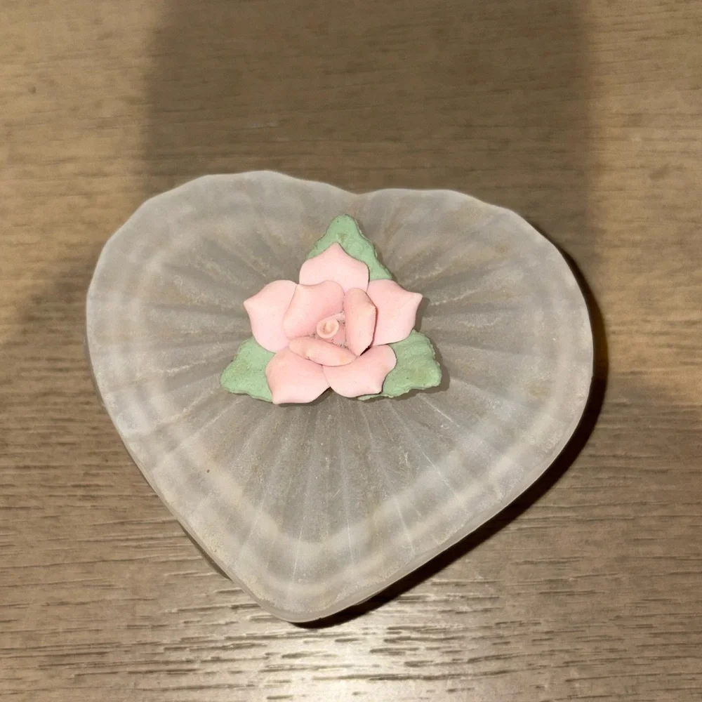 Vintage Frosted Heart Shaped Trinket Box Catch All With Floral Design Centered